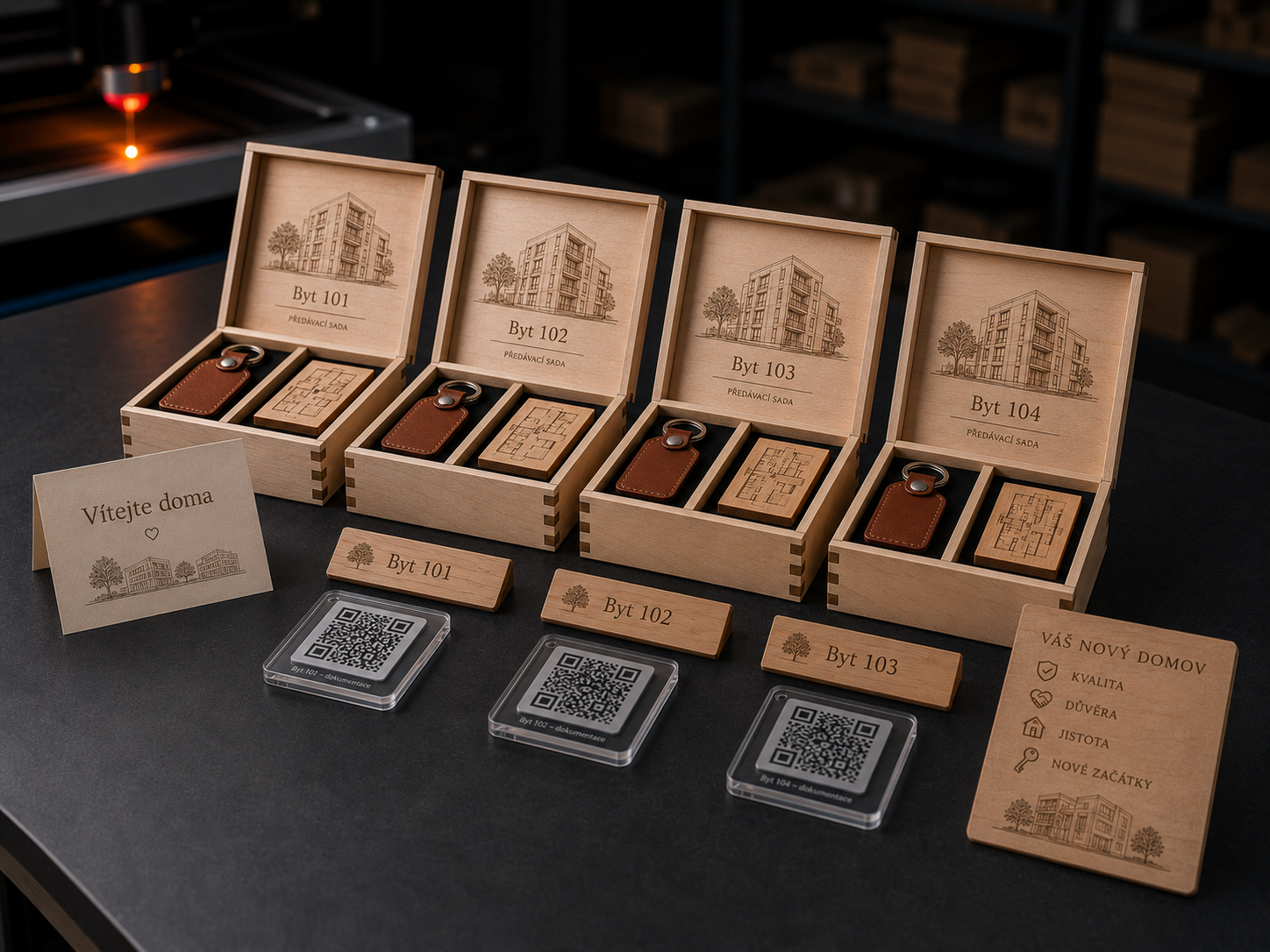 Ilustrační developer welcome pack s gravírovaným boxem a QR dokumentací