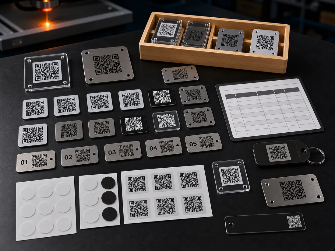 Ilustrační sada gravírovaných QR provozních a inventárních štítků